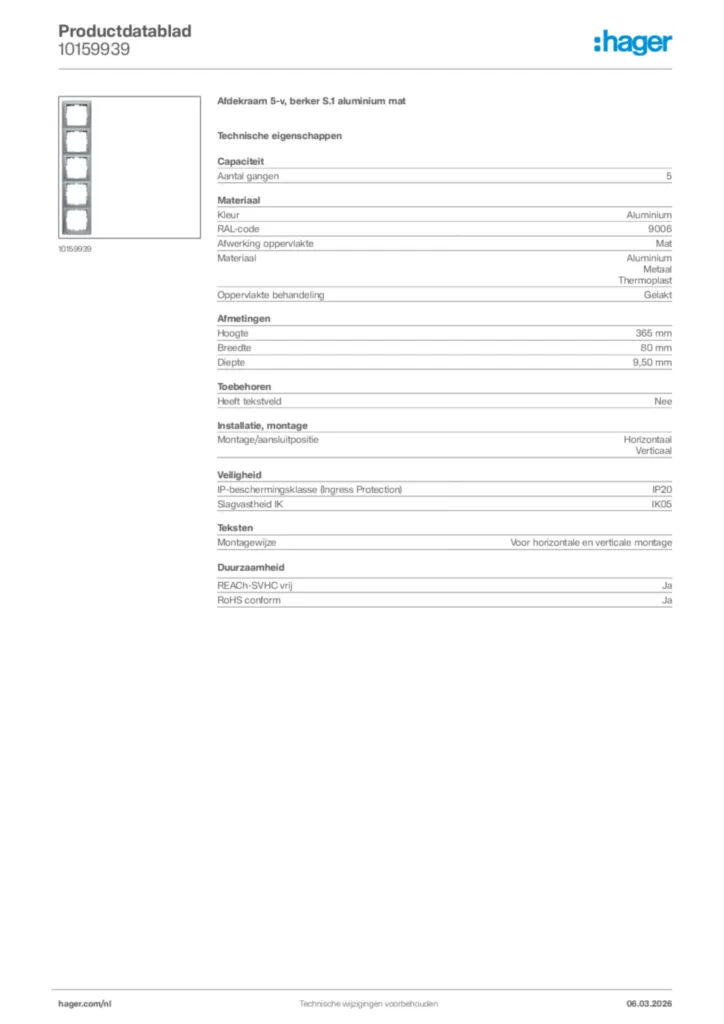 Afbeelding Hager Productdatablad 10159939 | Hager Nederland