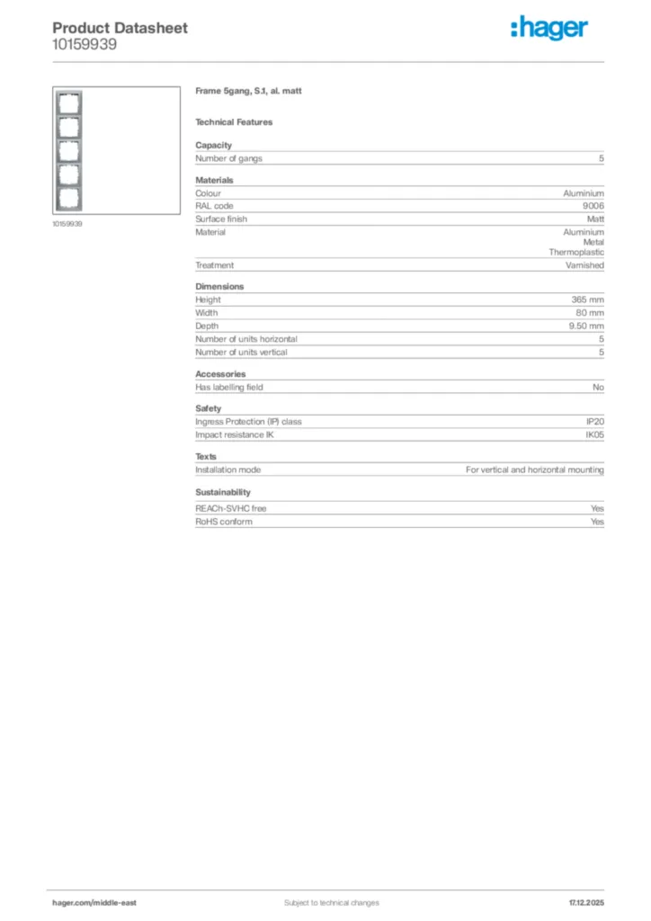 Image Hager Product data sheet 10159939  | Hager