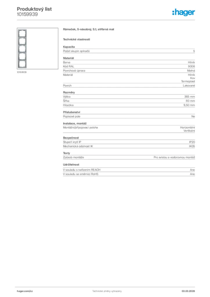 Obrázek Hager Product data sheet 10159939 | Hager