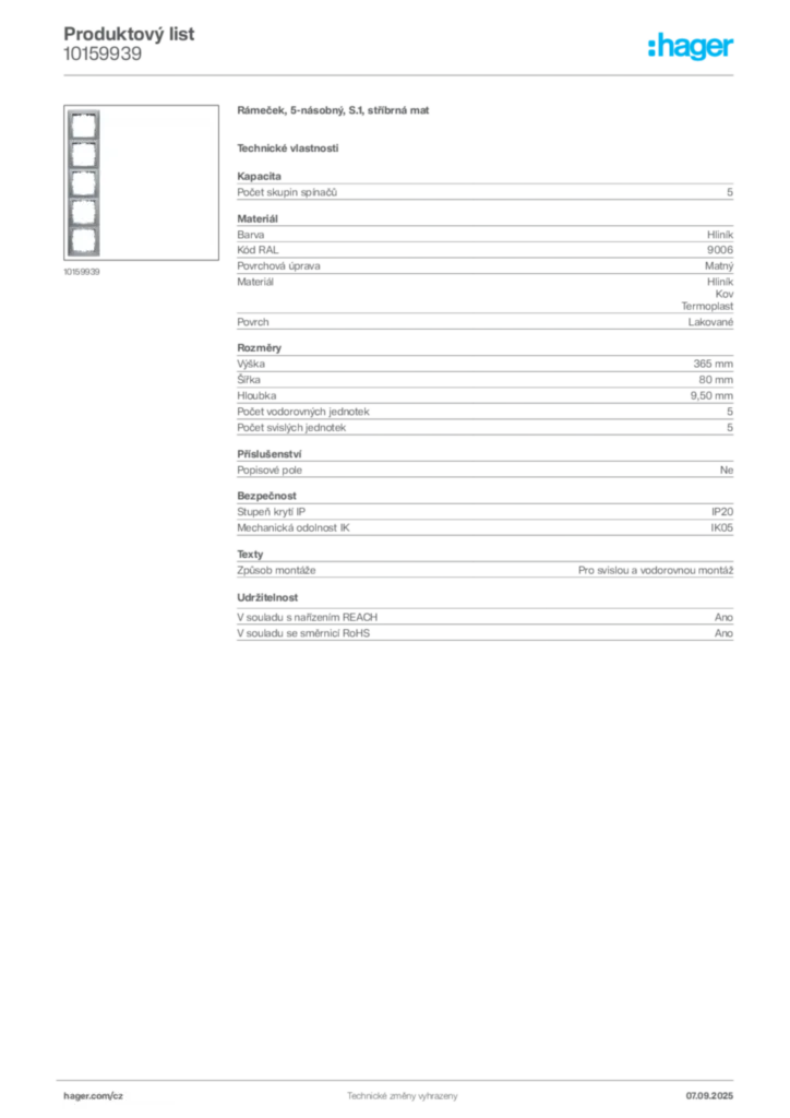 Obrázek Hager Produktový list 10159939 | Hager