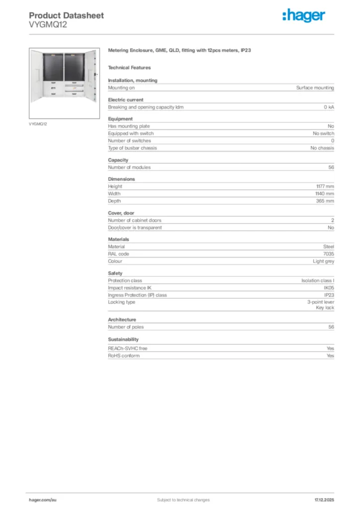 Image Hager Product data sheet VYGMQ12  | Hager Australia
