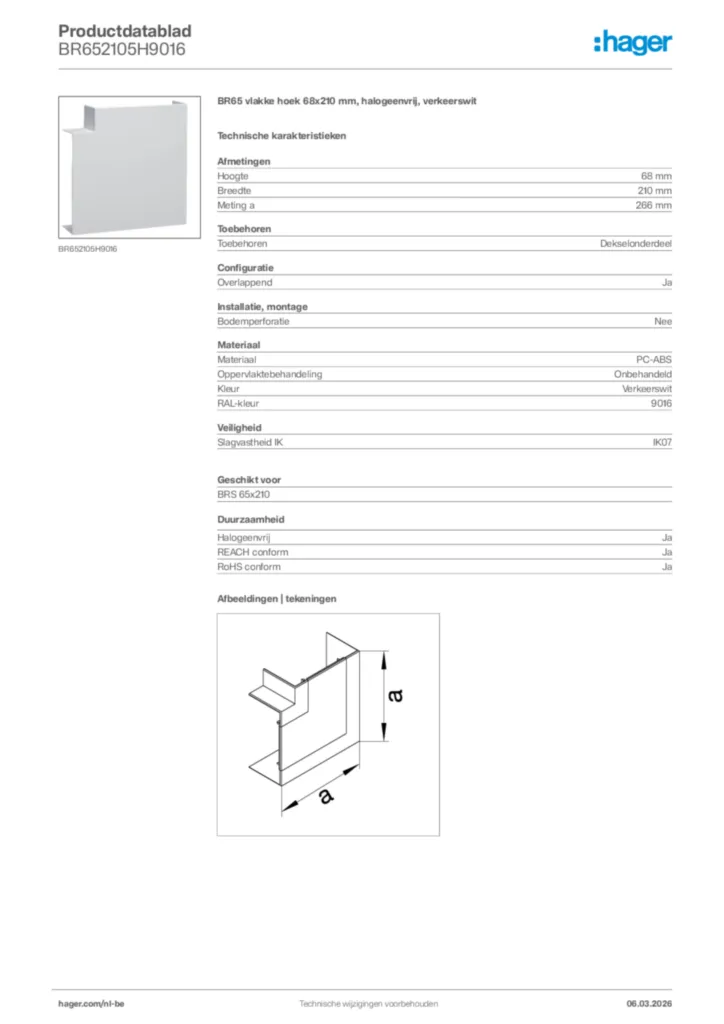 Afbeelding Hager Productdatablad BR652105H9016 | Hager Belgium