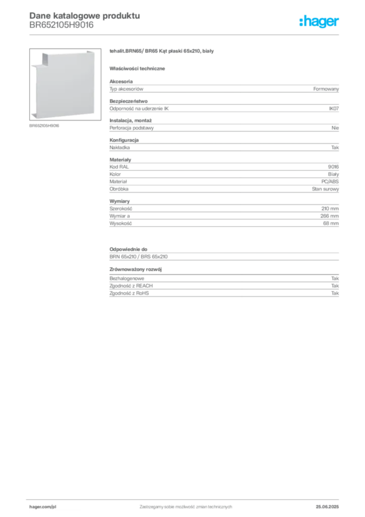 Zdjęcie Hager Karta katalogowa BR652105H9016 | Hager Polska