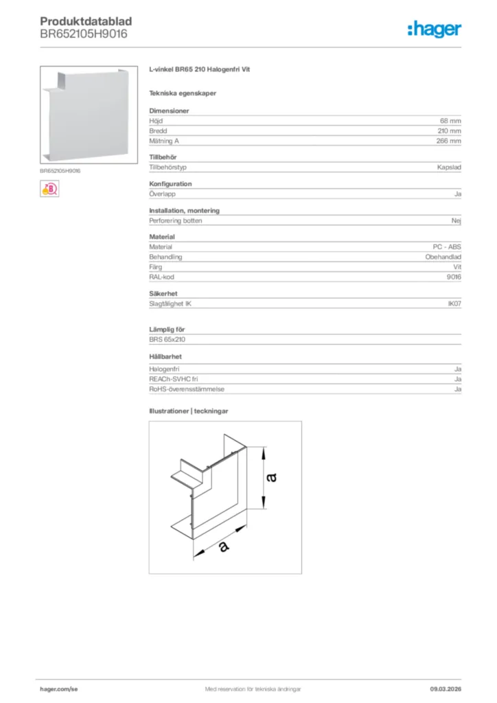 Bild Hager Produktdatablad BR652105H9016 | Hager Sverige