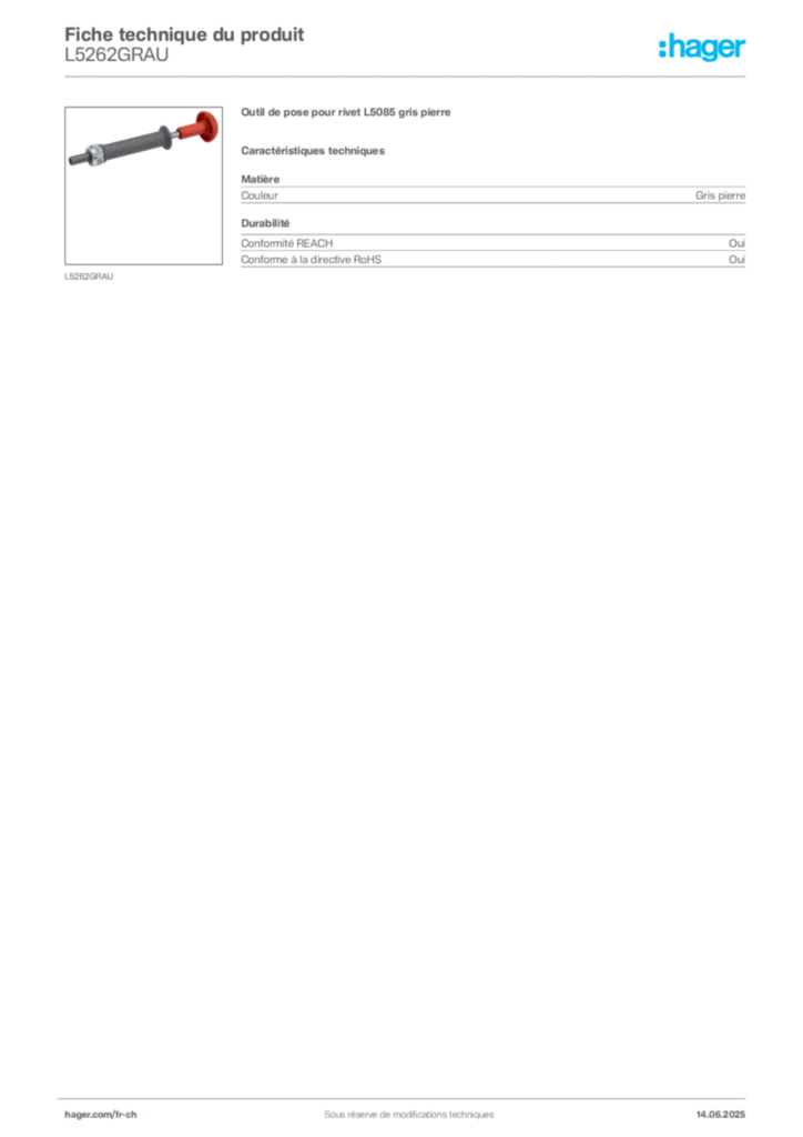 Image Hager Fiche technique du produit L5262GRAU | Hager Suisse