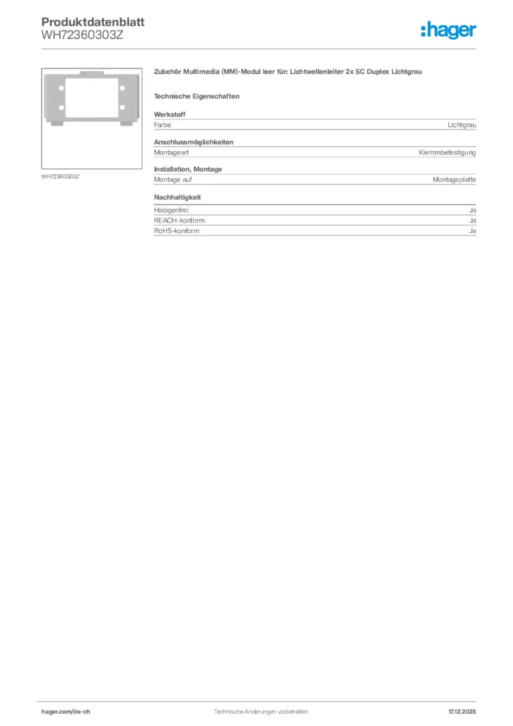 Bild Hager Produktdatenblatt WH72360303Z | Hager Schweiz
