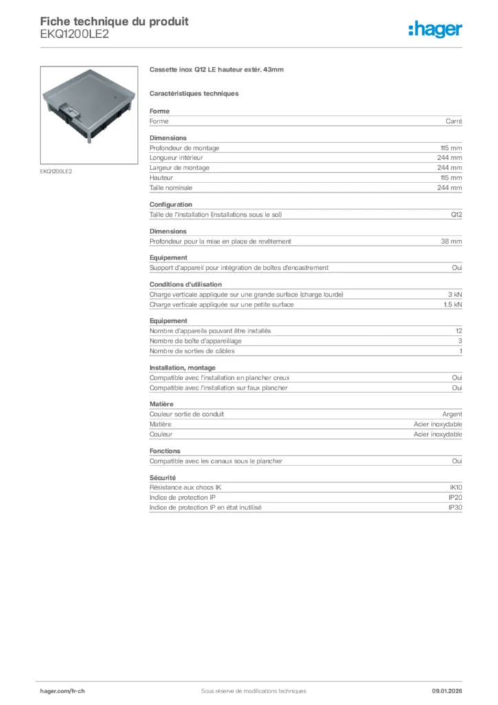 Image Hager Fiche technique du produit EKQ1200LE2 | Hager Suisse
