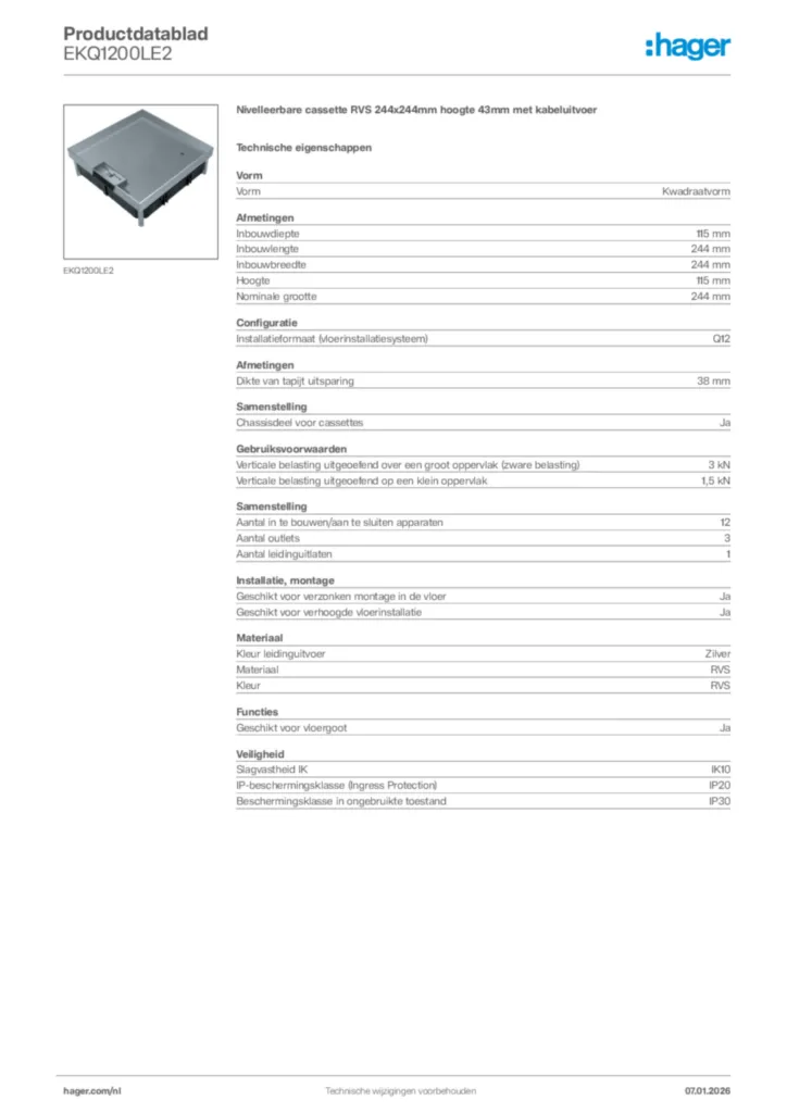 Afbeelding Hager Productdatablad EKQ1200LE2 | Hager Nederland