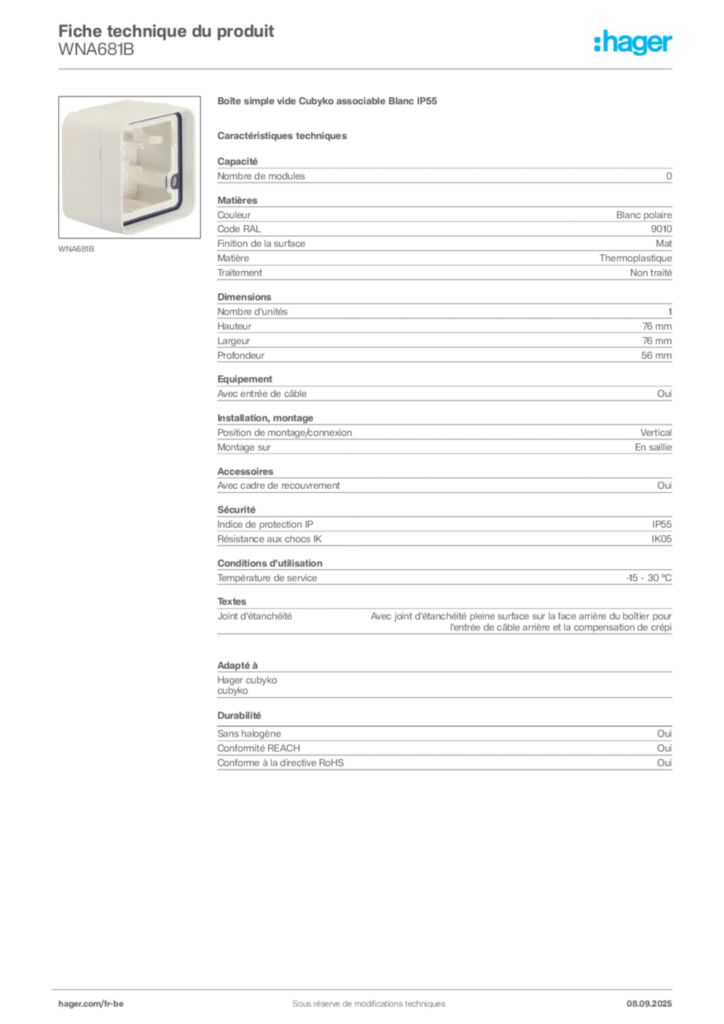 Image Hager Fiche technique du produit WNA681B | Hager Belgique