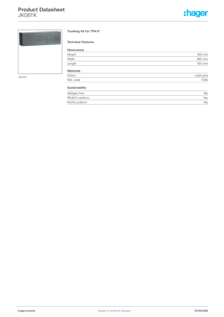 Image Hager Product data sheet JK06TK  | Hager