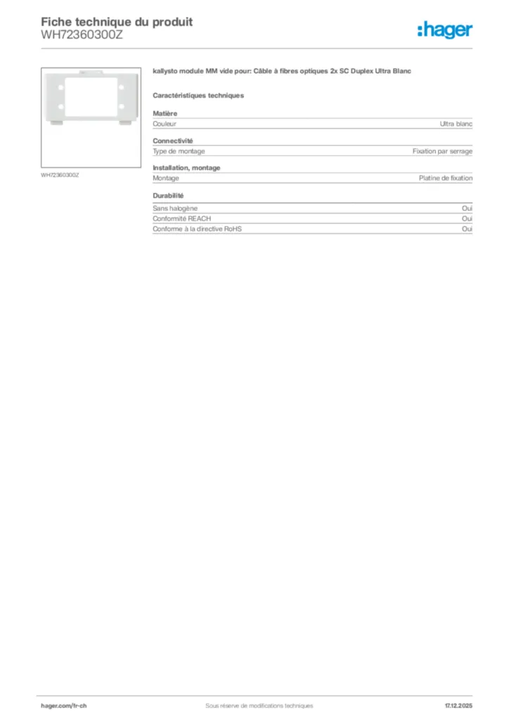 Image Hager Fiche technique du produit WH72360300Z | Hager Suisse