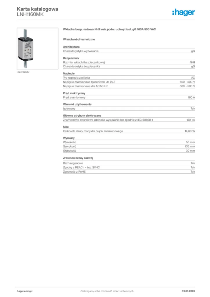 Zdjęcie Hager Karta katalogowa LNH1160MK | Hager Polska