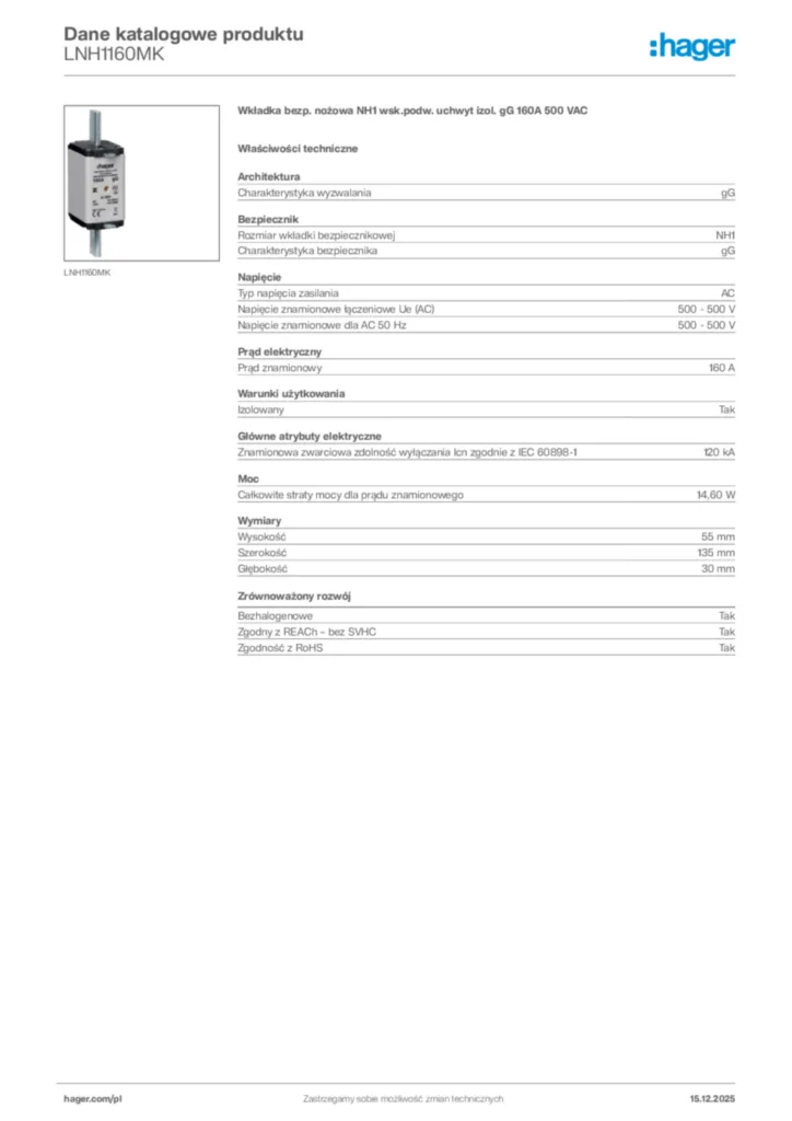 Zdjęcie Hager Karta katalogowa LNH1160MK | Hager Polska