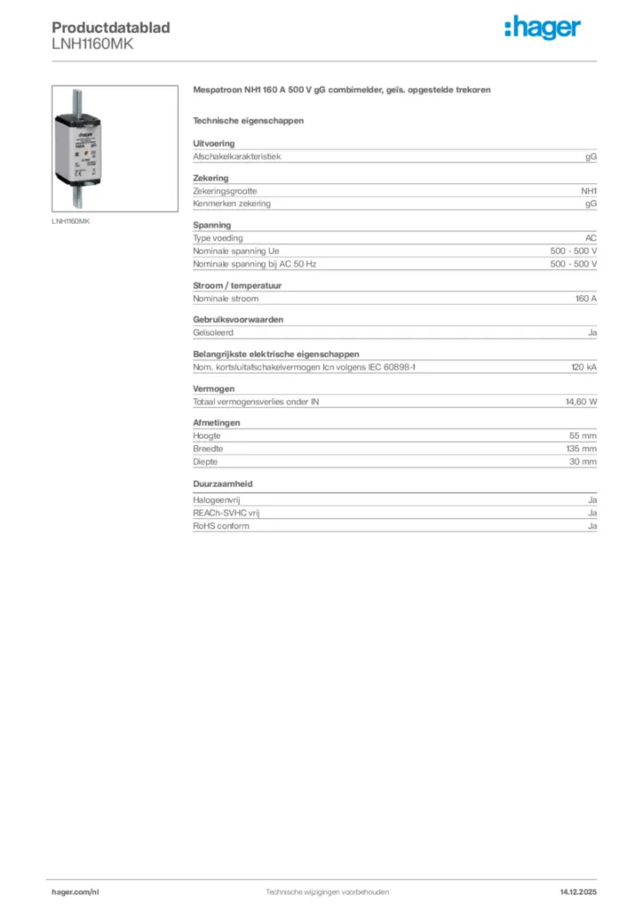 Afbeelding Hager Productdatablad LNH1160MK | Hager Nederland