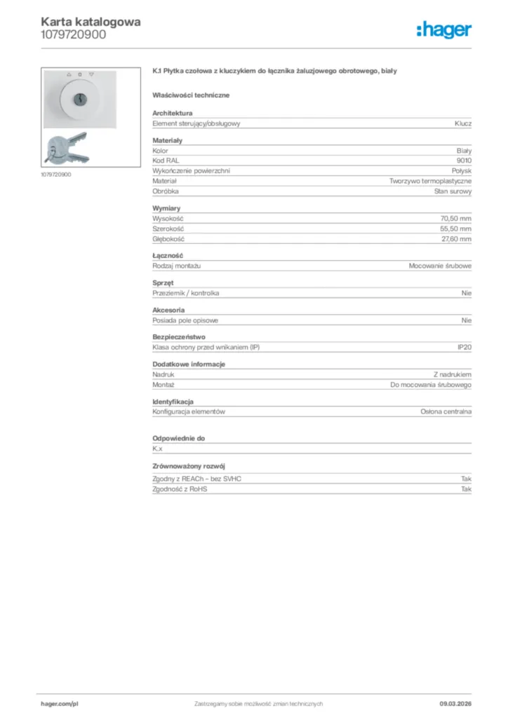 Zdjęcie Hager Karta katalogowa 1079720900 | Hager Polska