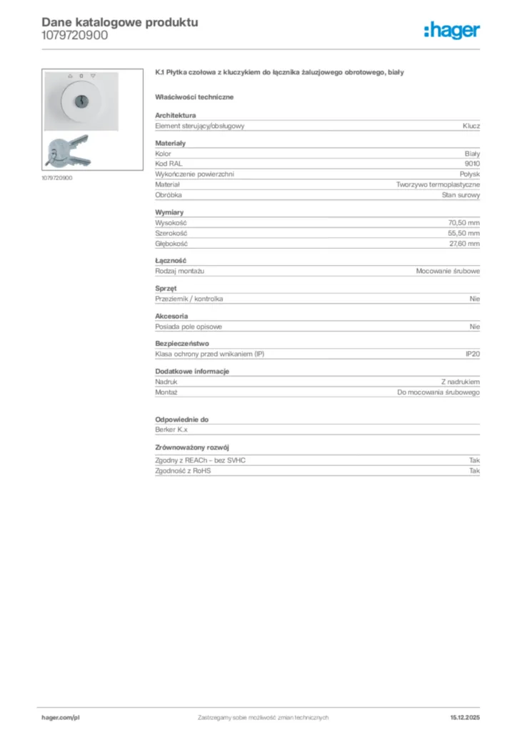 Zdjęcie Hager Karta katalogowa 1079720900 | Hager Polska