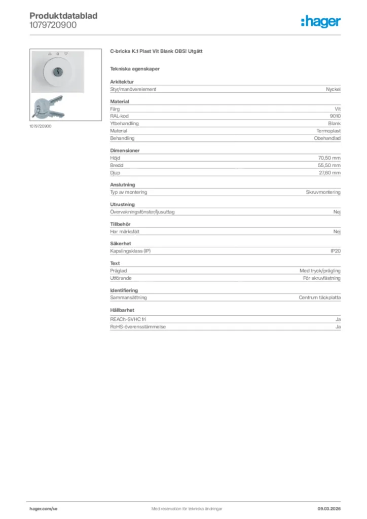 Bild Hager Produktdatablad 1079720900 | Hager Sverige