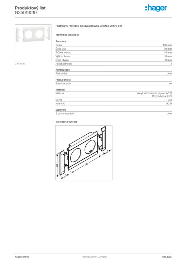 Obrázek Hager Produktový list G35019010 | Hager