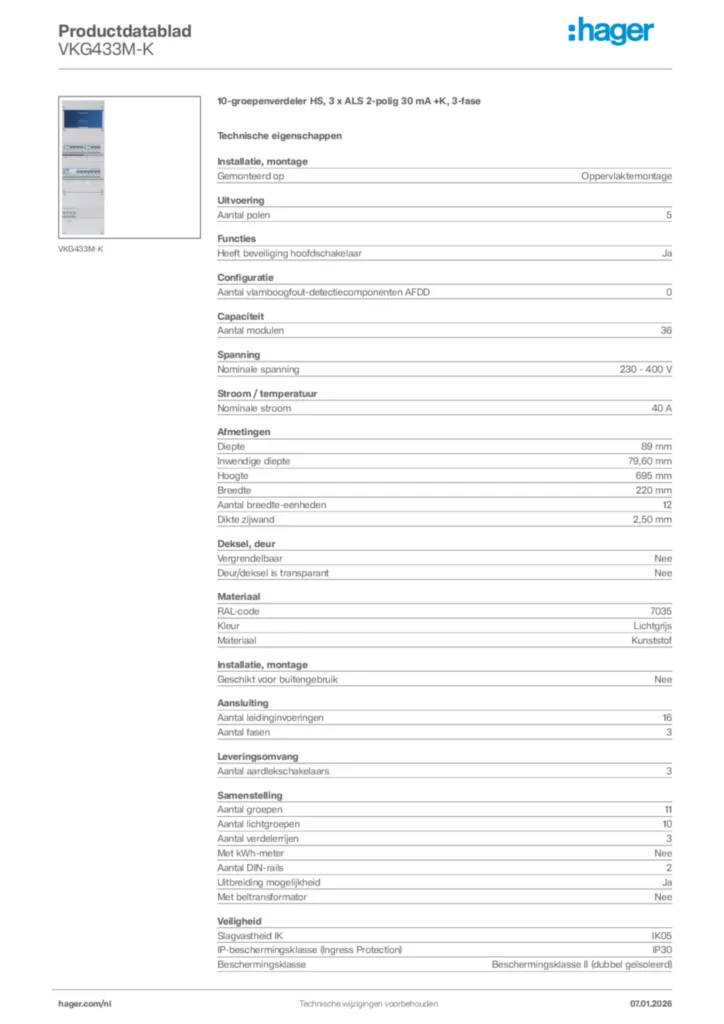 Afbeelding Hager Productdatablad VKG433M-K | Hager Nederland