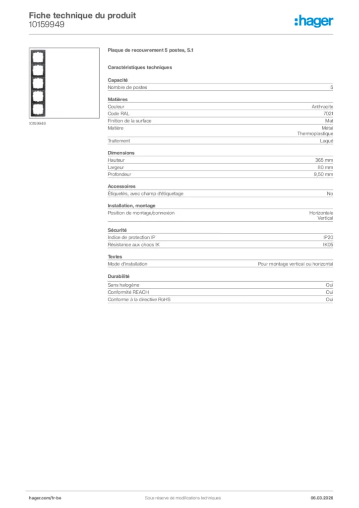 Image Hager Fiche technique du produit 10159949 | Hager Belgique