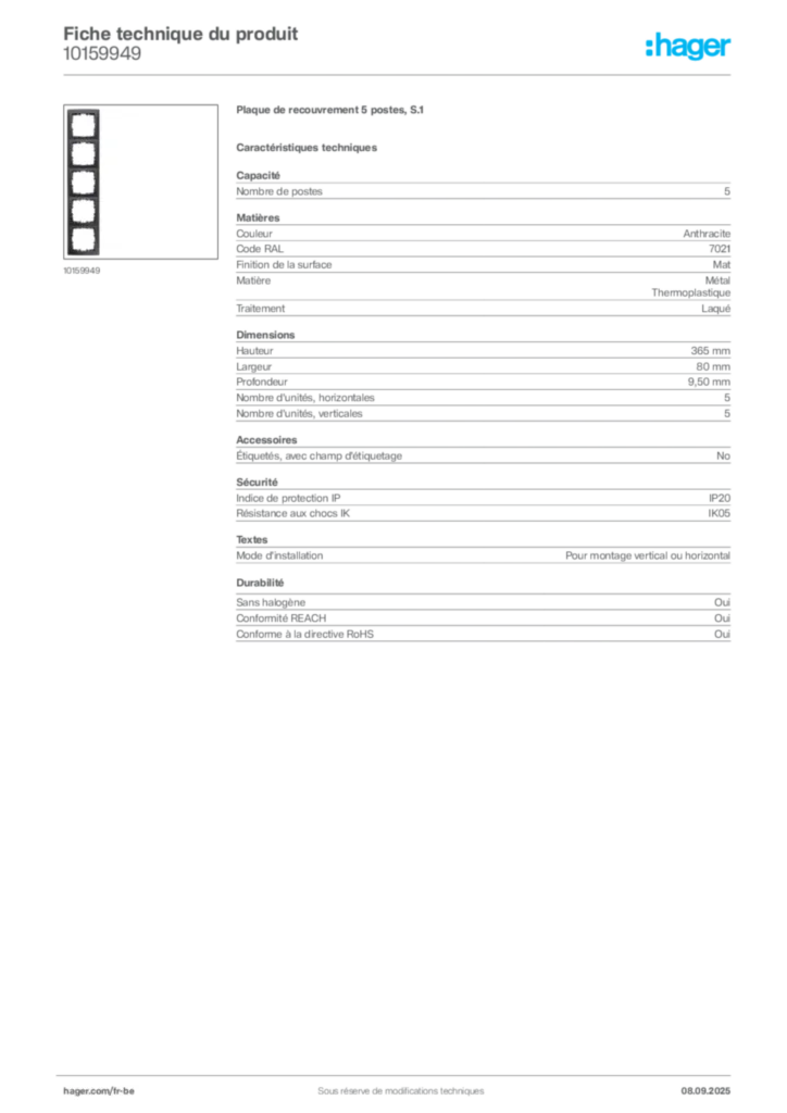 Image Hager Fiche technique du produit 10159949 | Hager Belgique