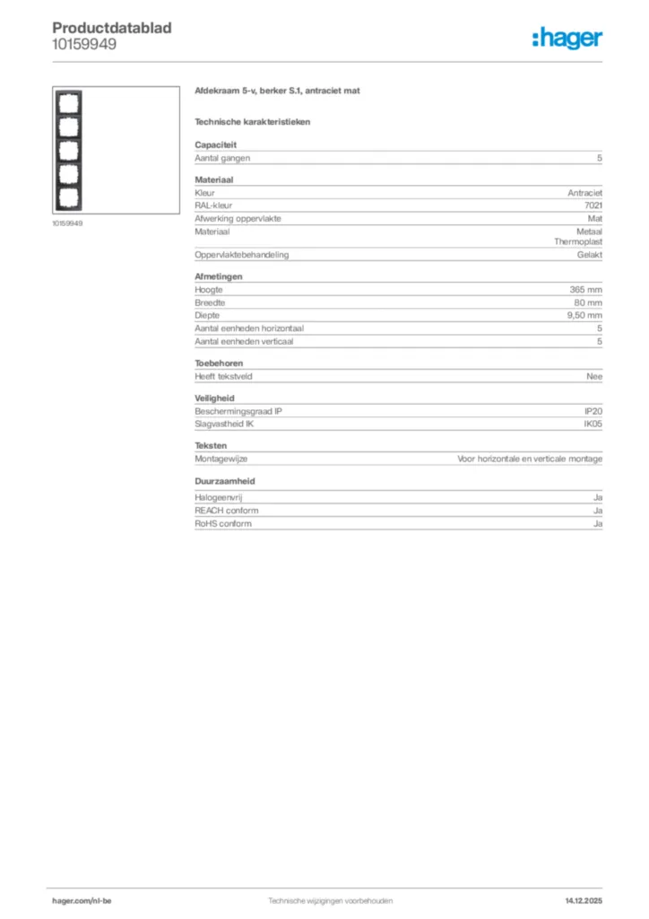 Afbeelding Hager Productdatablad 10159949 | Hager Belgium
