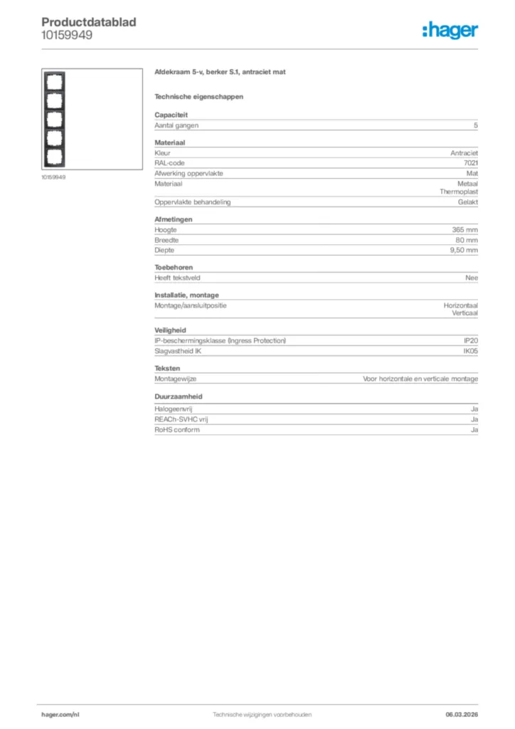 Afbeelding Hager Productdatablad 10159949 | Hager Nederland