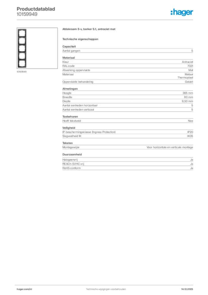 Afbeelding Hager Productdatablad 10159949 | Hager Nederland