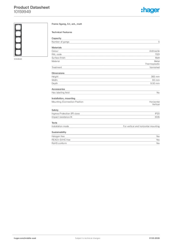 Image Hager Product data sheet 10159949  | Hager