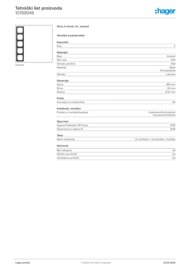 Slika Hager Tehnički list proizvoda 10159949  | Hager