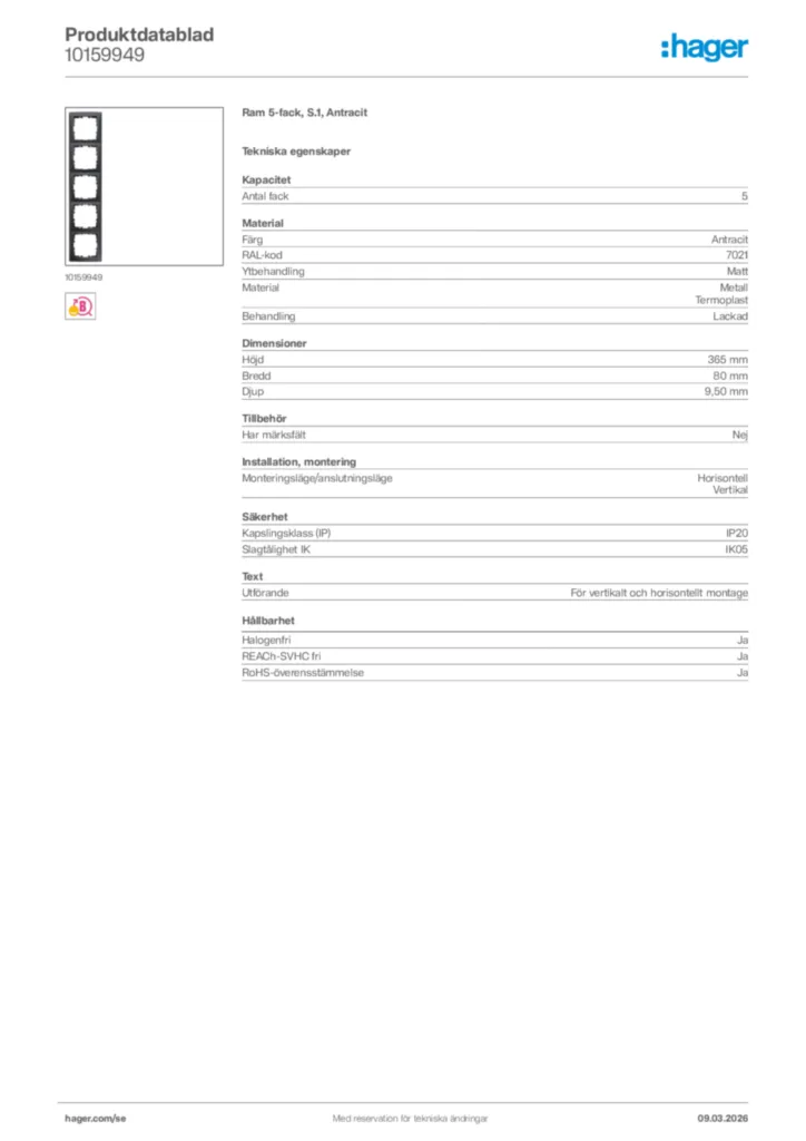Bild Hager Produktdatablad 10159949 | Hager Sverige