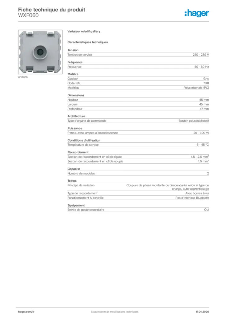 Image Hager Fiche technique du produit WXF060 | Hager France