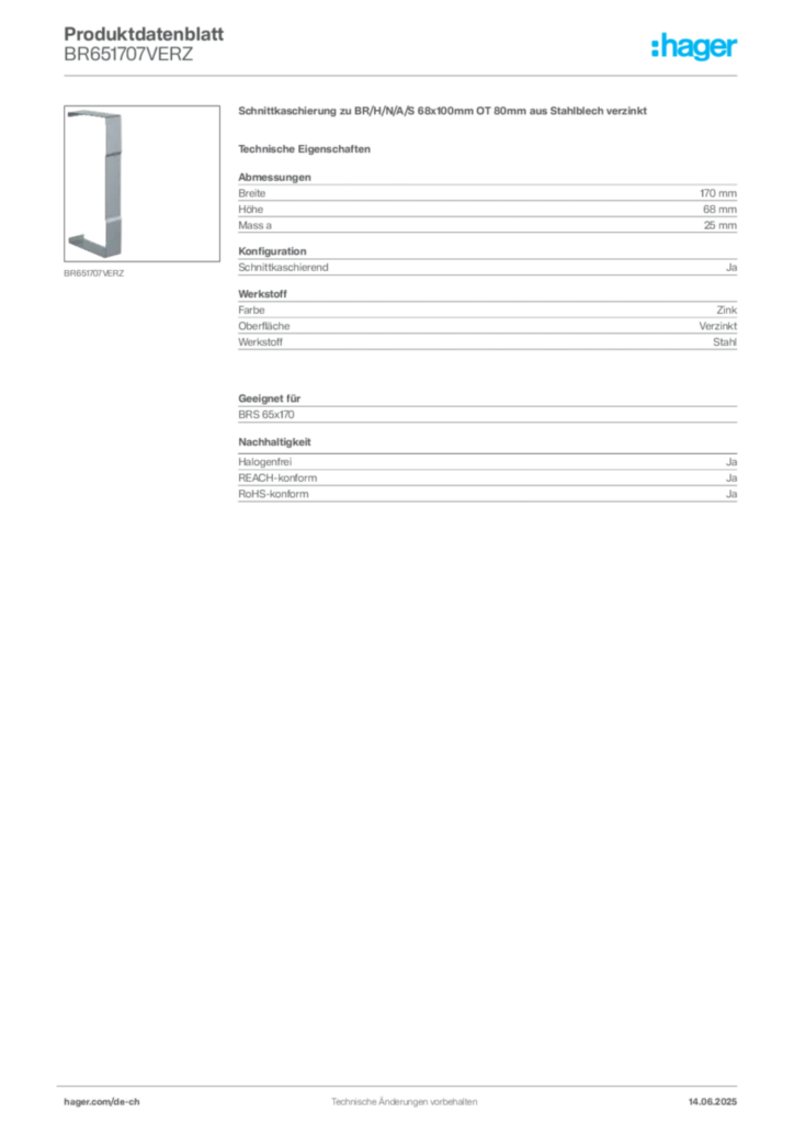 Bild Hager Produktdatenblatt BR651707VERZ | Hager Schweiz