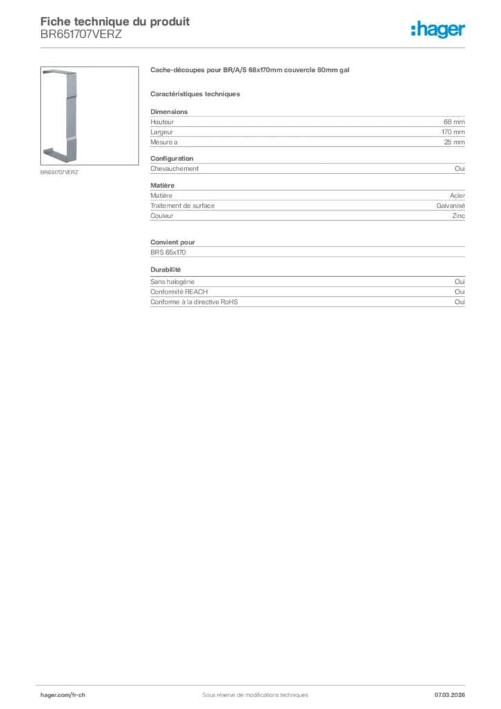 Image Hager Fiche technique du produit BR651707VERZ | Hager Suisse