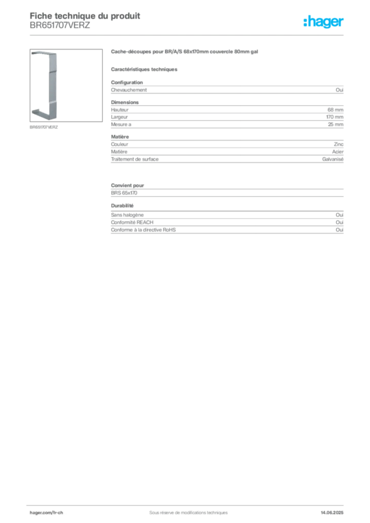 Image Hager Fiche technique du produit BR651707VERZ | Hager Suisse