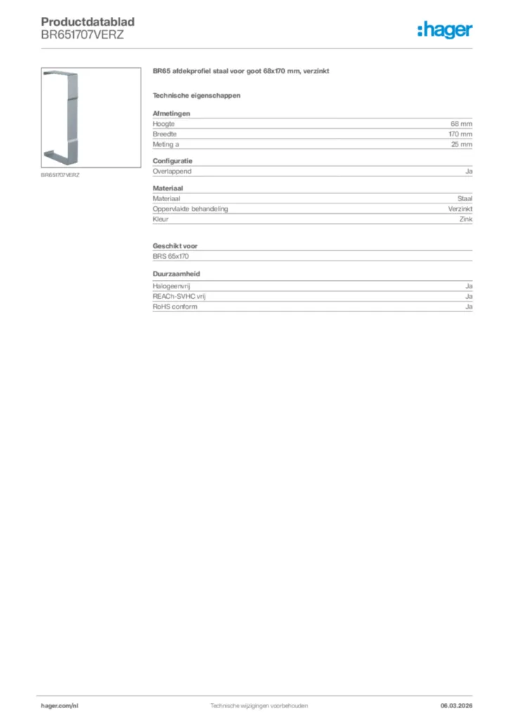 Afbeelding Hager Productdatablad BR651707VERZ | Hager Nederland