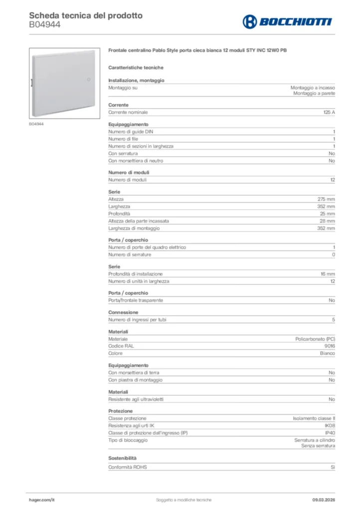 Immagine Bocchiotti Scheda tecnica del prodotto B04944 | Hager Italia