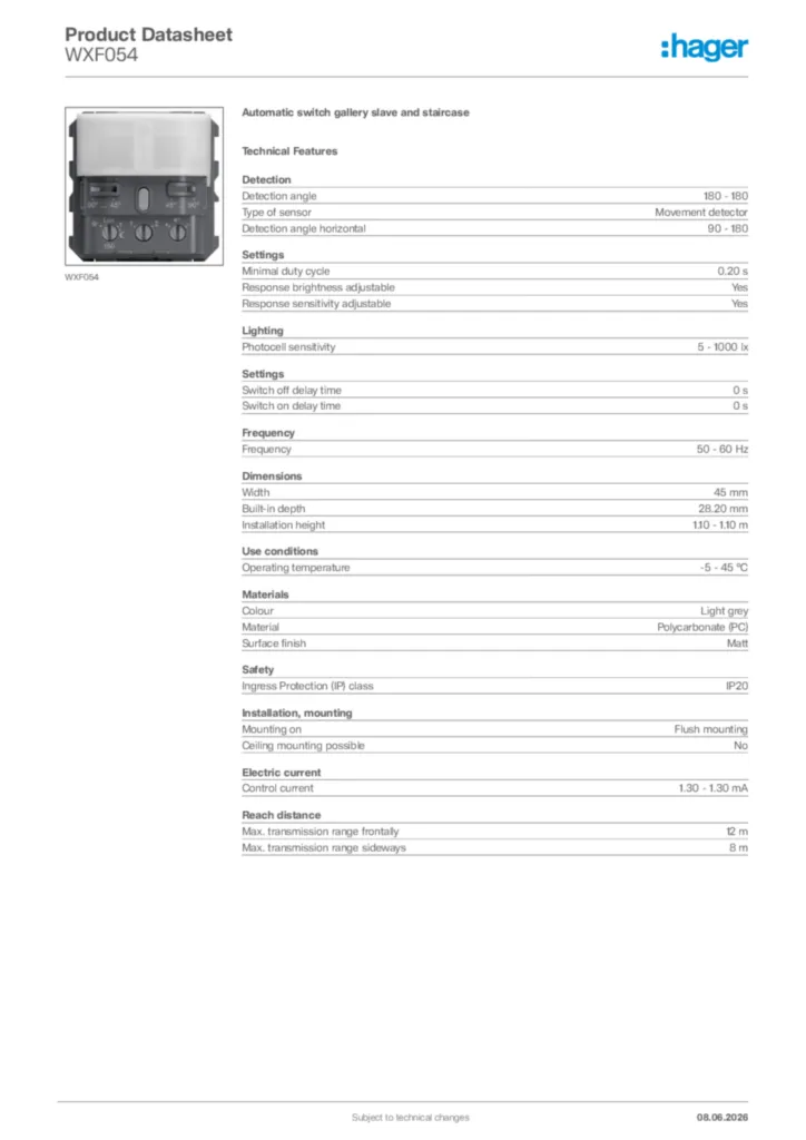 Image Hager Product data sheet WXF054  | Hager Africa