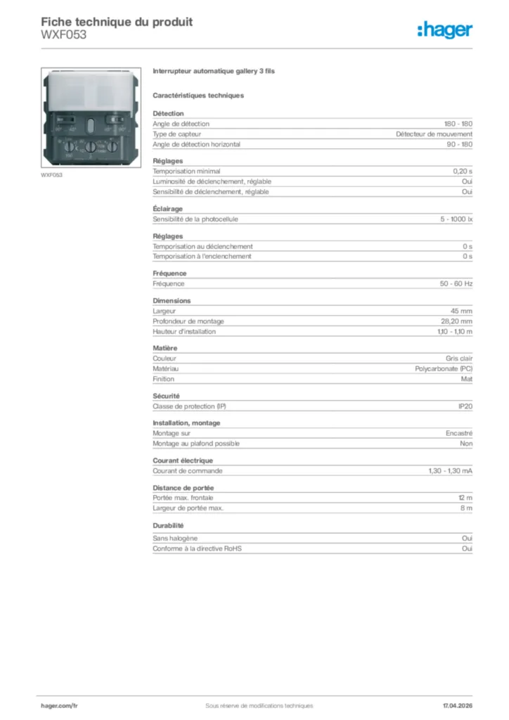 Image Hager Fiche technique du produit WXF053 | Hager France