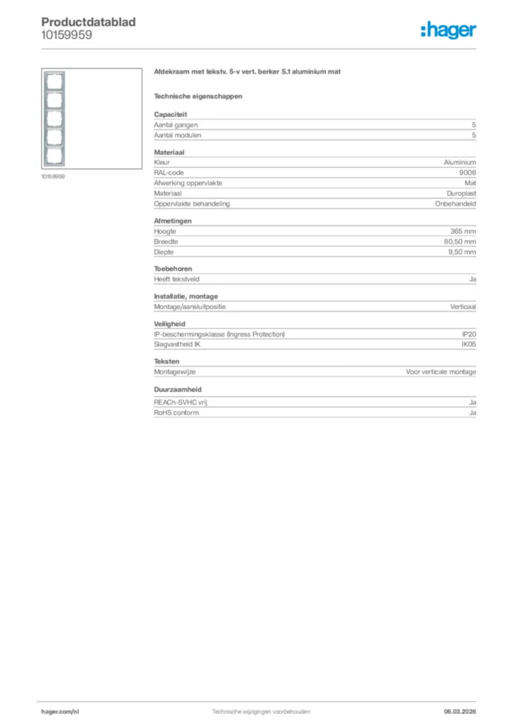 Afbeelding Hager Productdatablad 10159959 | Hager Nederland
