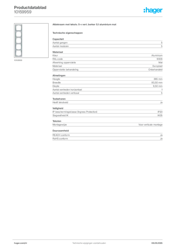 Afbeelding Hager Productdatablad 10159959 | Hager Nederland