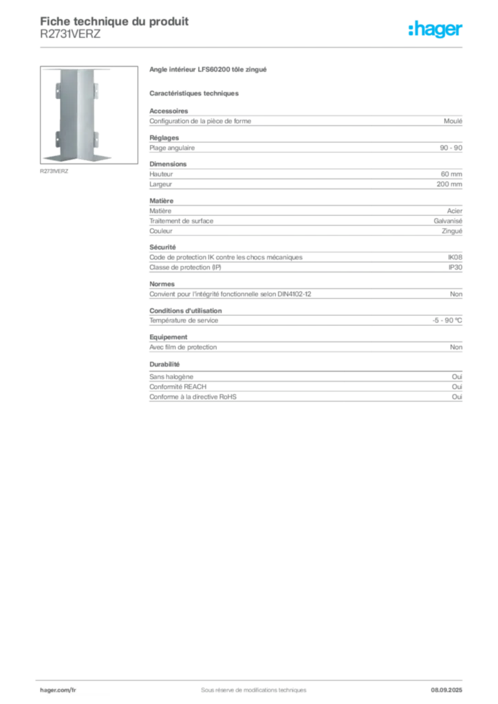 Image Hager Fiche technique du produit R2731VERZ | Hager France