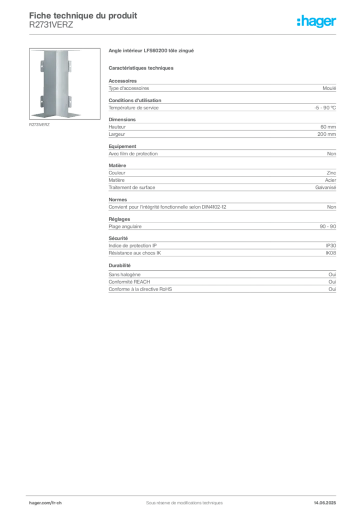 Image Hager Fiche technique du produit R2731VERZ | Hager Suisse