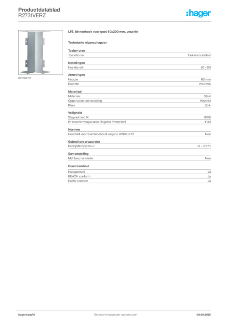 Afbeelding Hager Productdatablad R2731VERZ | Hager Nederland