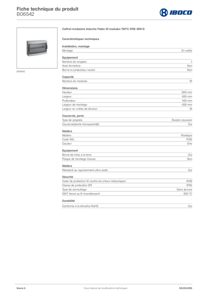 Image Iboco Fiche technique du produit B06542 | Hager France