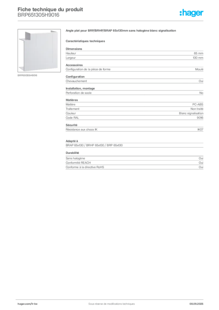 Image Hager Fiche technique du produit BRP651305H9016 | Hager Belgique