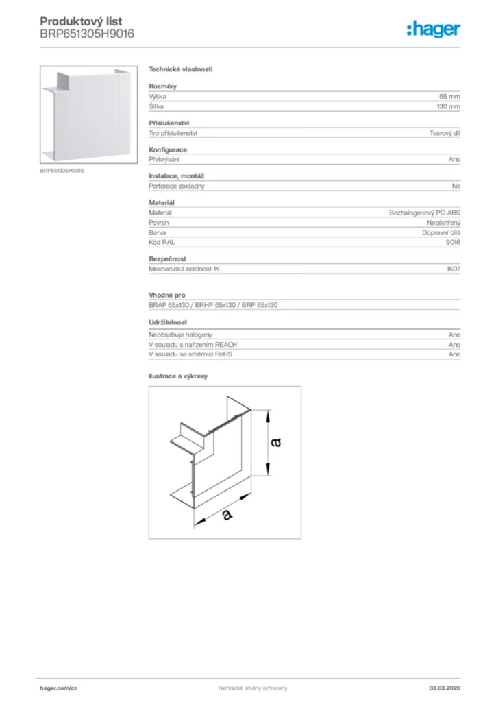 Obrázek Hager Product data sheet BRP651305H9016 | Hager