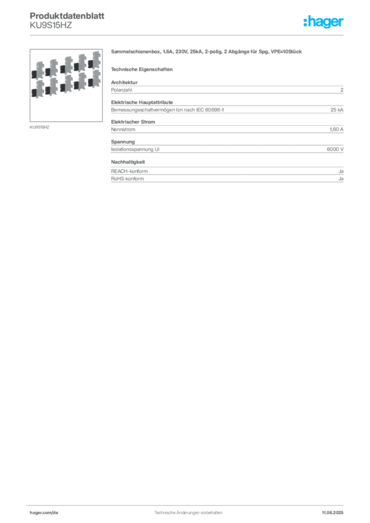 Bild Hager Produktdatenblatt KU9S15HZ | Hager Deutschland