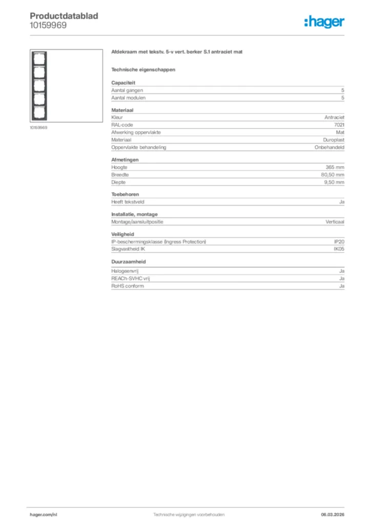 Afbeelding Hager Productdatablad 10159969 | Hager Nederland