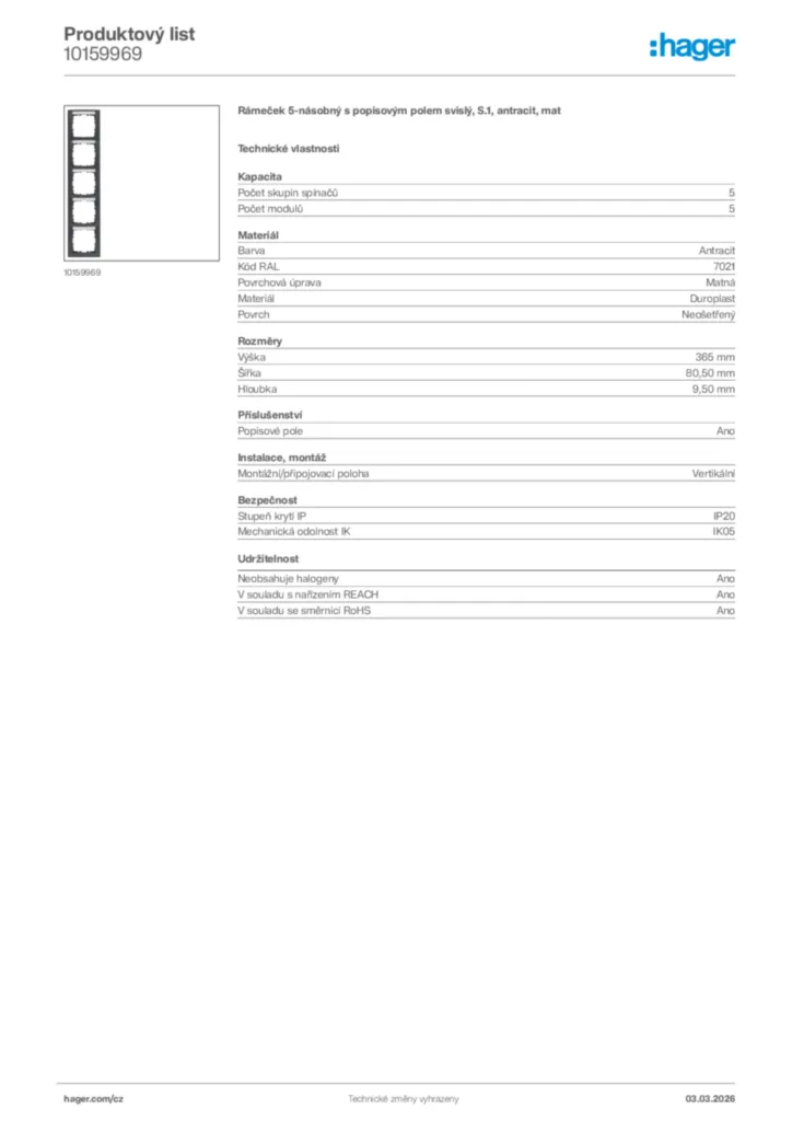 Obrázek Hager Product data sheet 10159969 | Hager